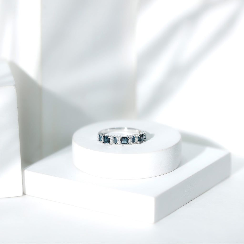 Baguette and Princess Cut London Blue Topaz Half Eternity Ring with Moissanite