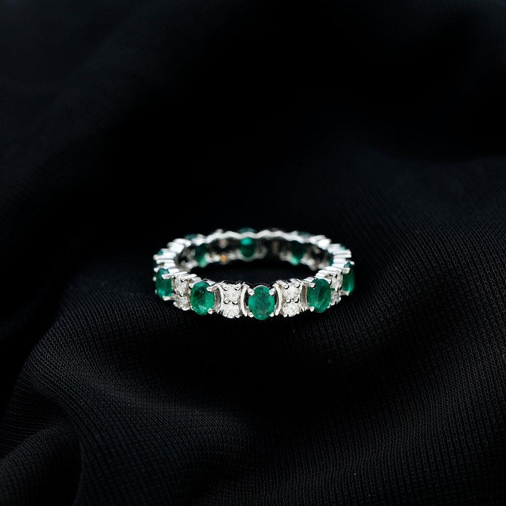 Oval Emerald and Moissanite Eternity Wedding Band