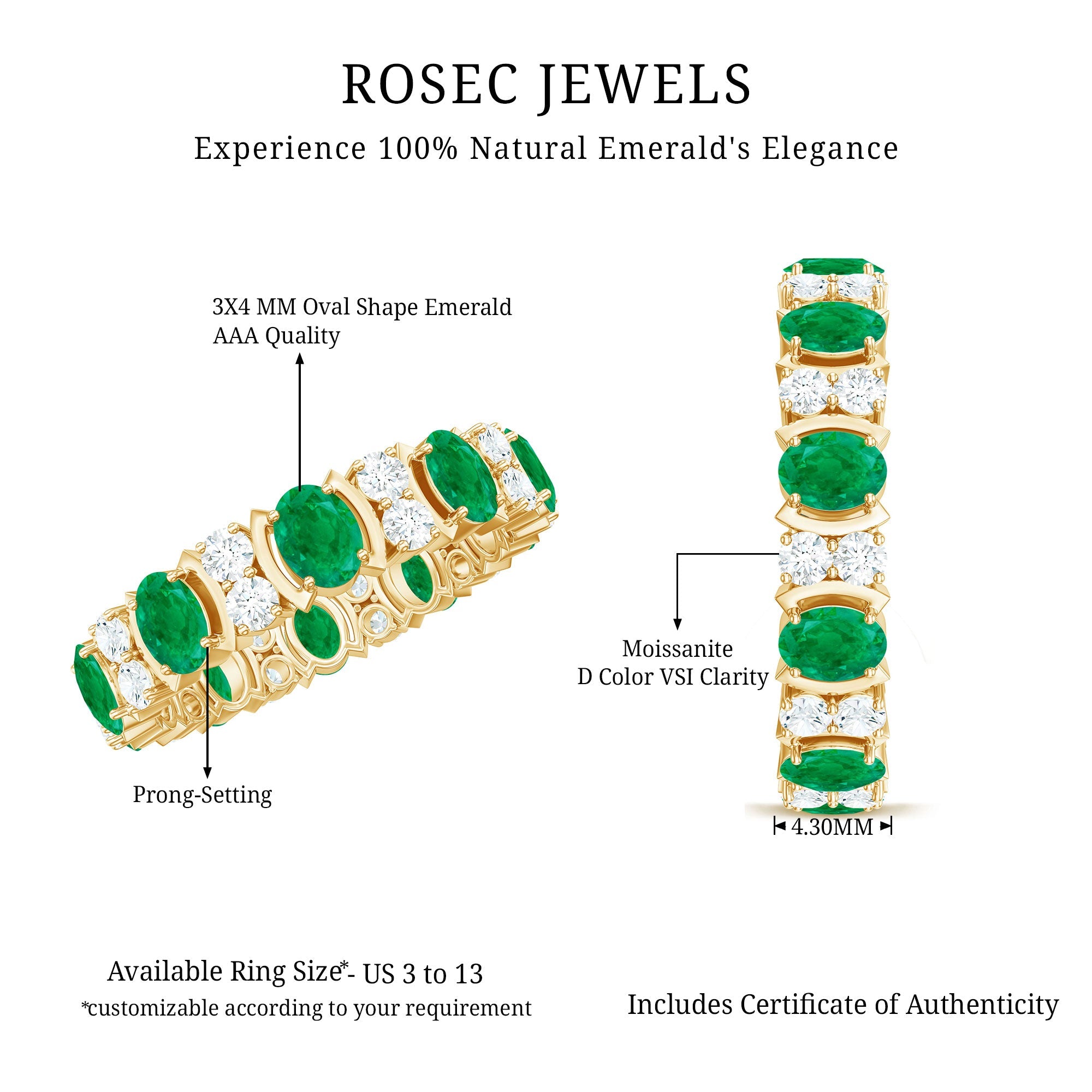 Oval Emerald and Moissanite Eternity Wedding Band
