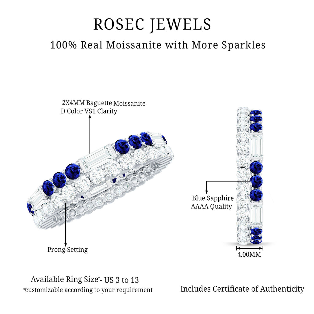 Certified Moissanite Eternity Band Ring with Lab Blue Sapphire
