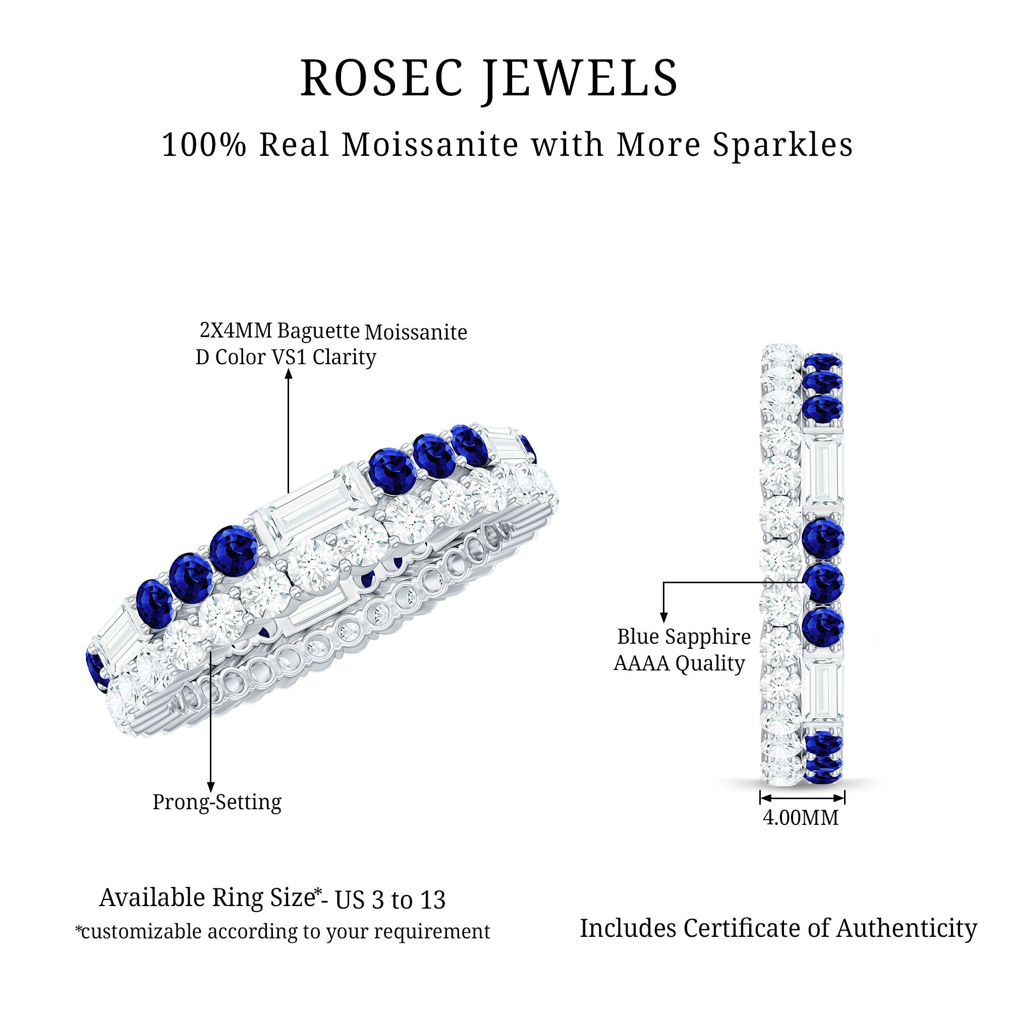 Certified Moissanite Eternity Band Ring with Lab Blue Sapphire