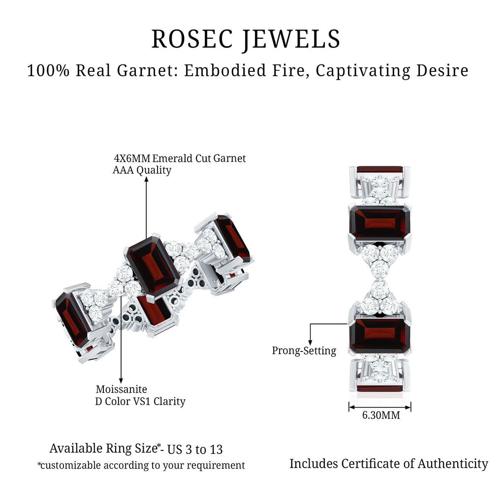 Art Deco Emerald Cut Garnet Eternity Band Ring with Moissanite