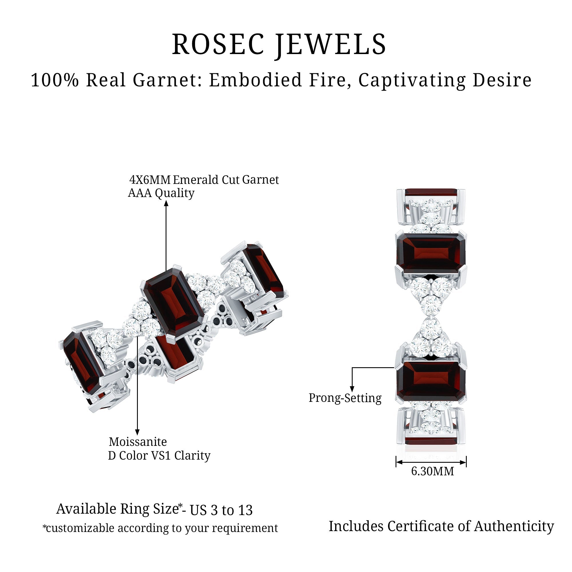 Art Deco Emerald Cut Garnet Eternity Band Ring with Moissanite