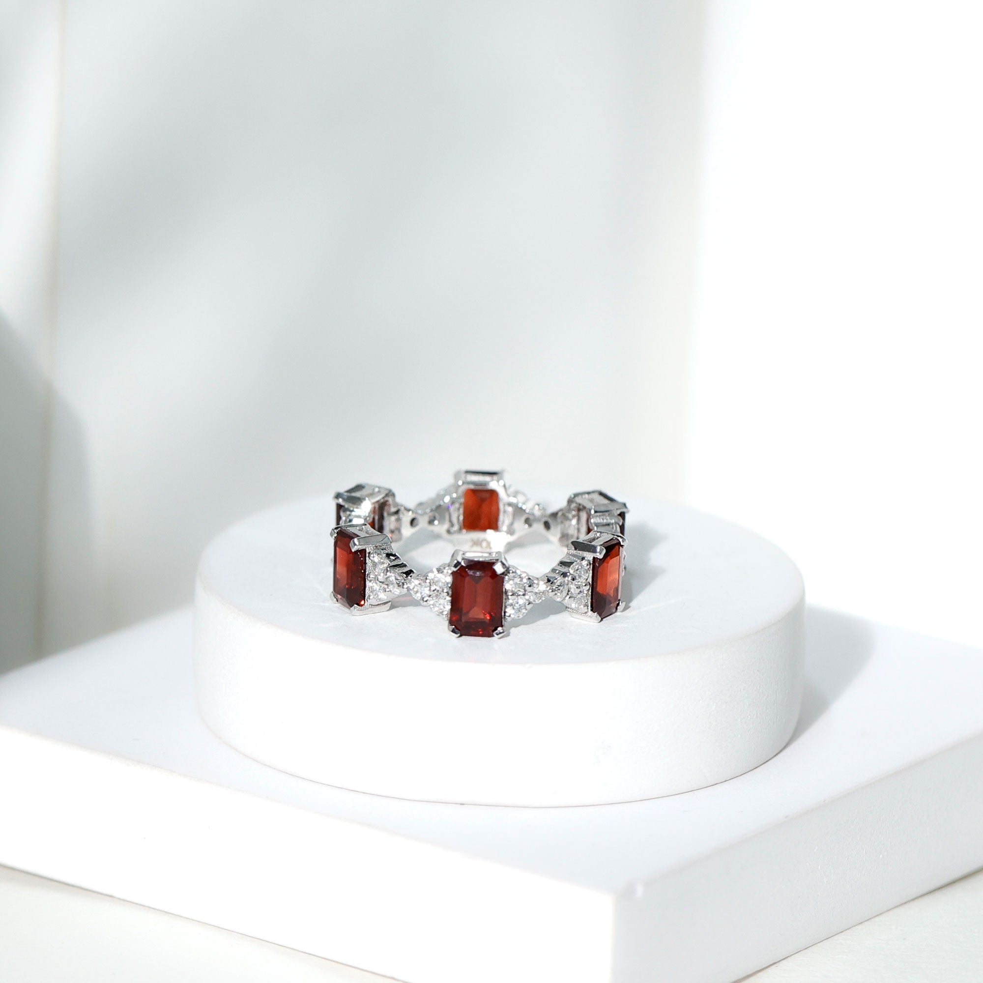 Art Deco Emerald Cut Garnet Eternity Band Ring with Moissanite
