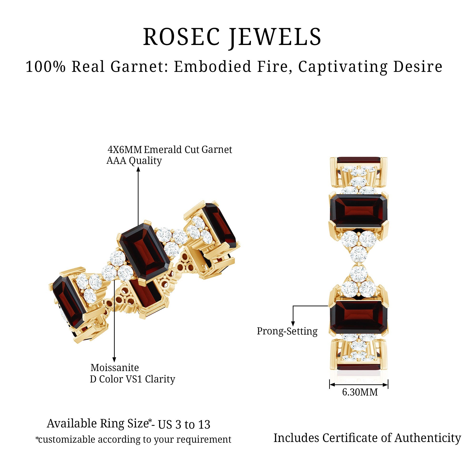 Art Deco Emerald Cut Garnet Eternity Band Ring with Moissanite