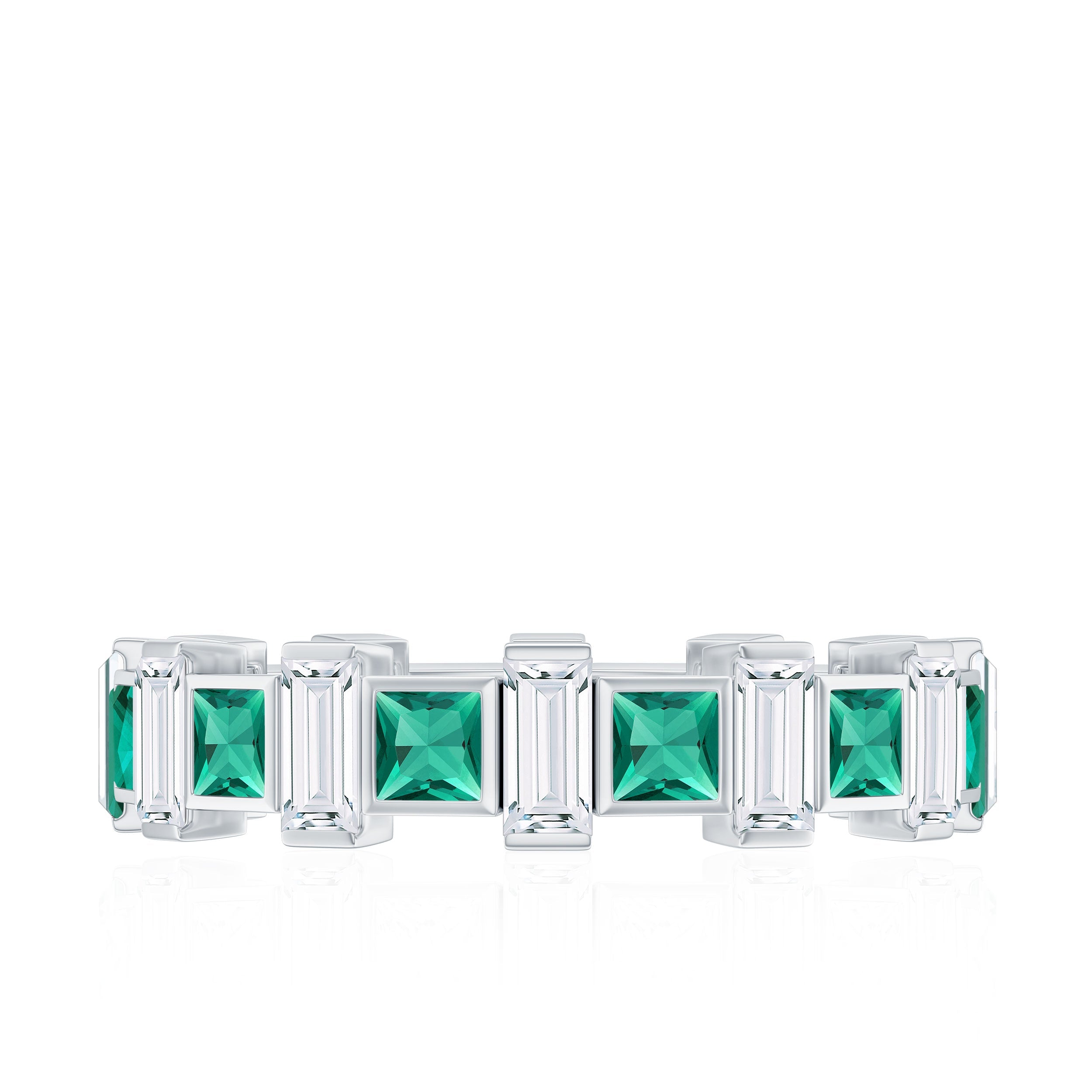 Certified Bezel Set Lab Grown Emerald Eternity Wedding Band with Moissanite