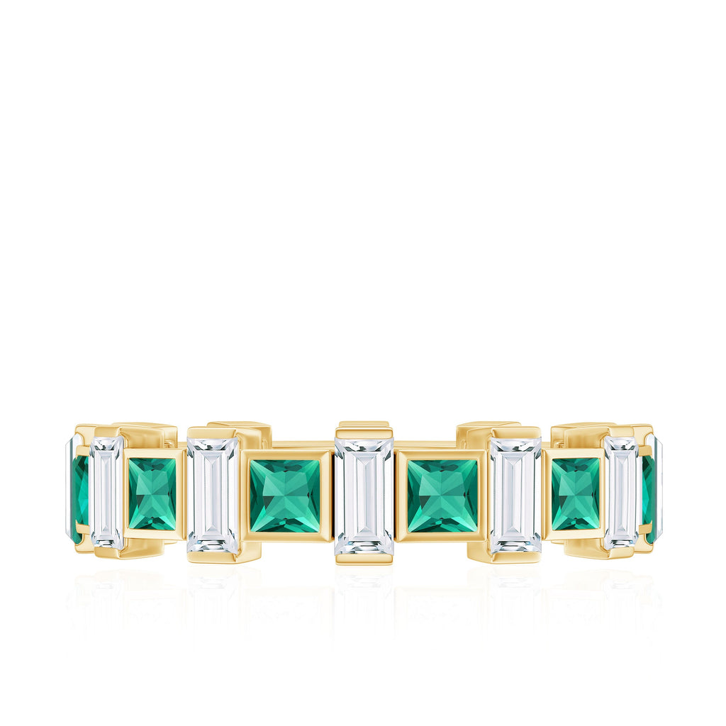 Certified Bezel Set Lab Grown Emerald Eternity Wedding Band with Moissanite