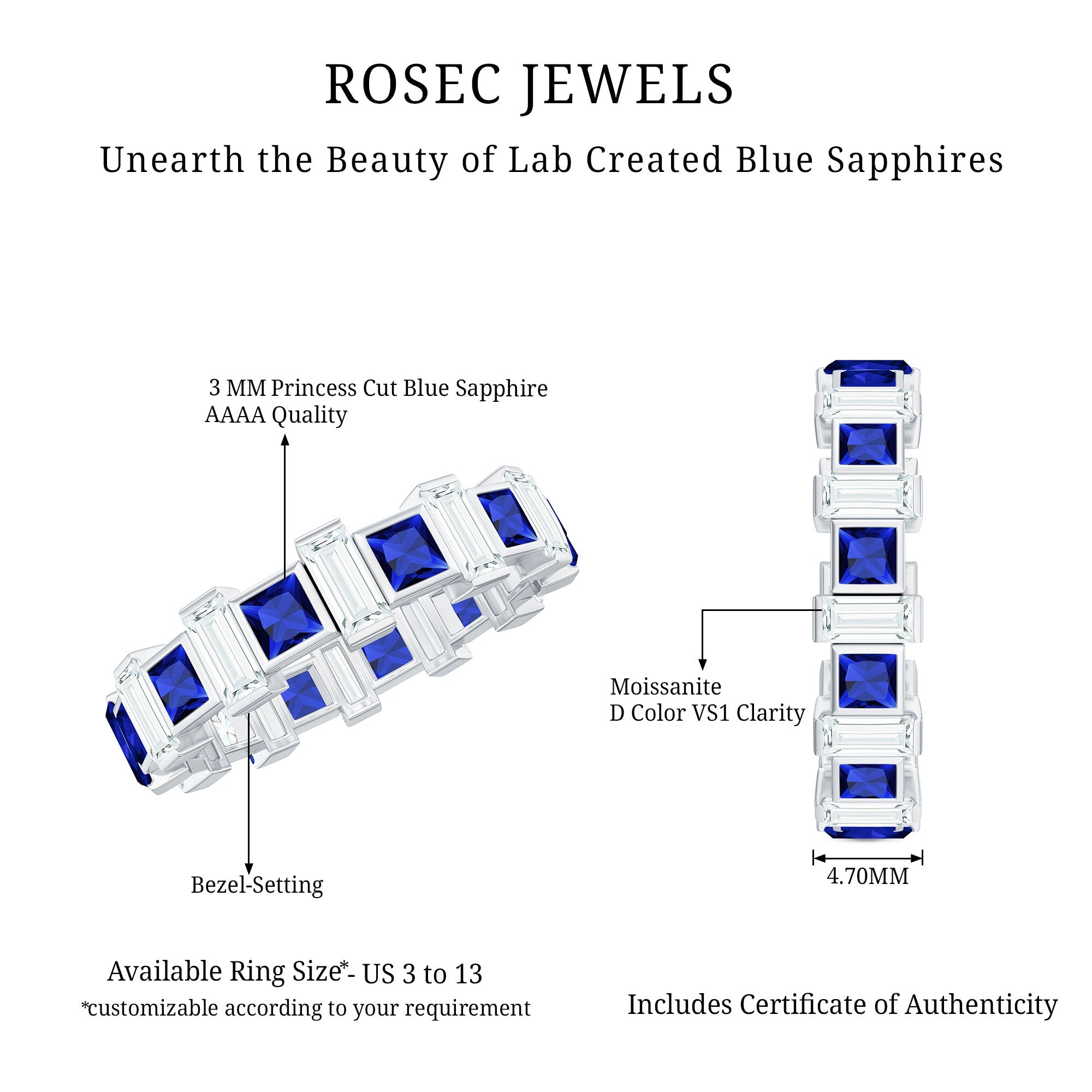 Certified Lab Grown Blue Sapphire Eternity Band with Moissanite