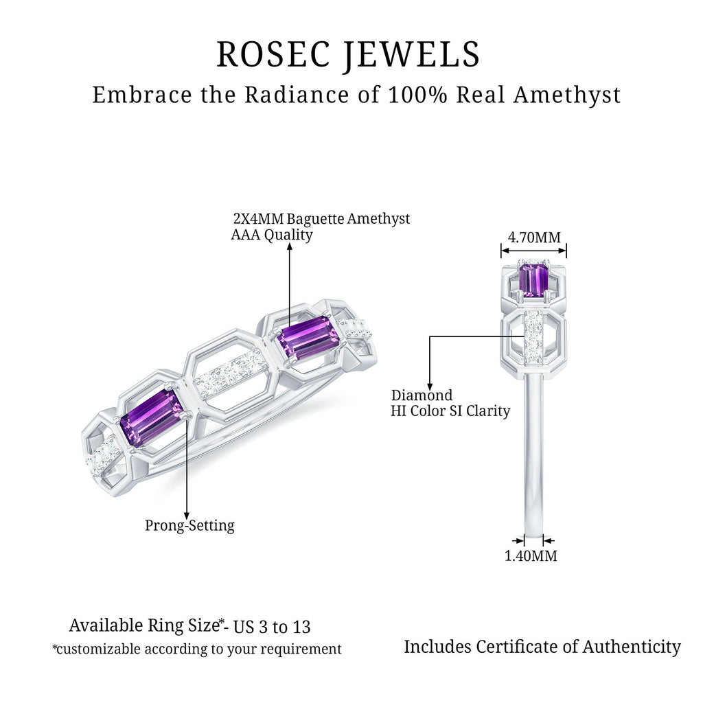 Natural Baguette Amethyst Half Eternity Wedding Band with Diamond