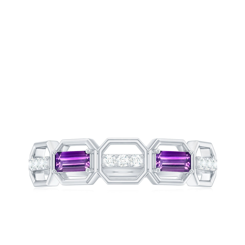 Natural Baguette Amethyst Half Eternity Wedding Band with Diamond