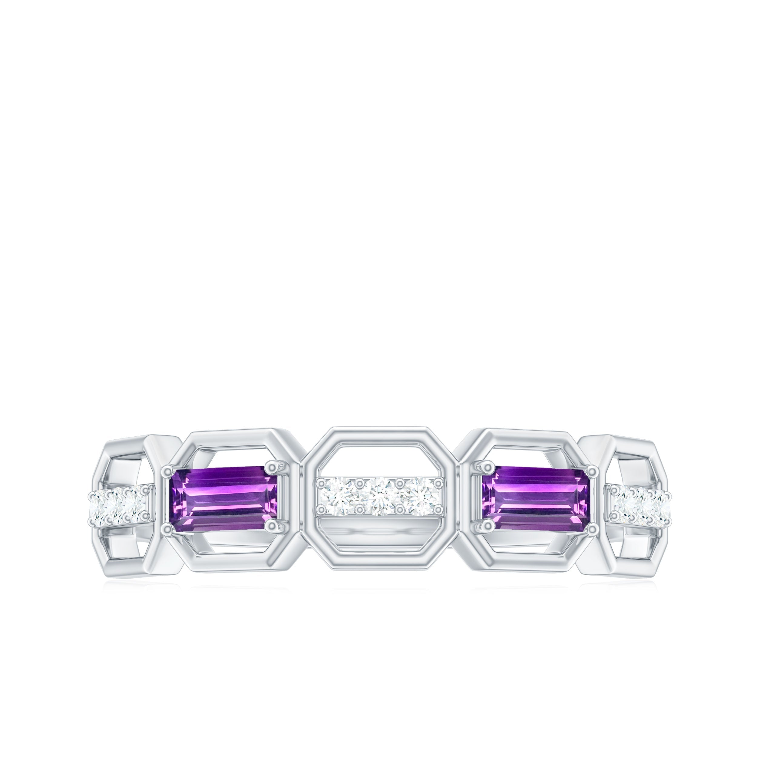 Natural Baguette Amethyst Half Eternity Wedding Band with Diamond
