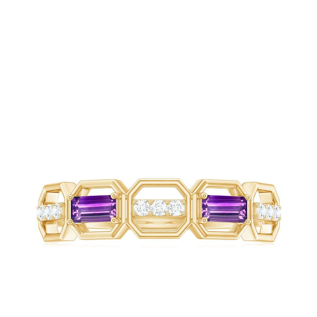 Natural Baguette Amethyst Half Eternity Wedding Band with Diamond