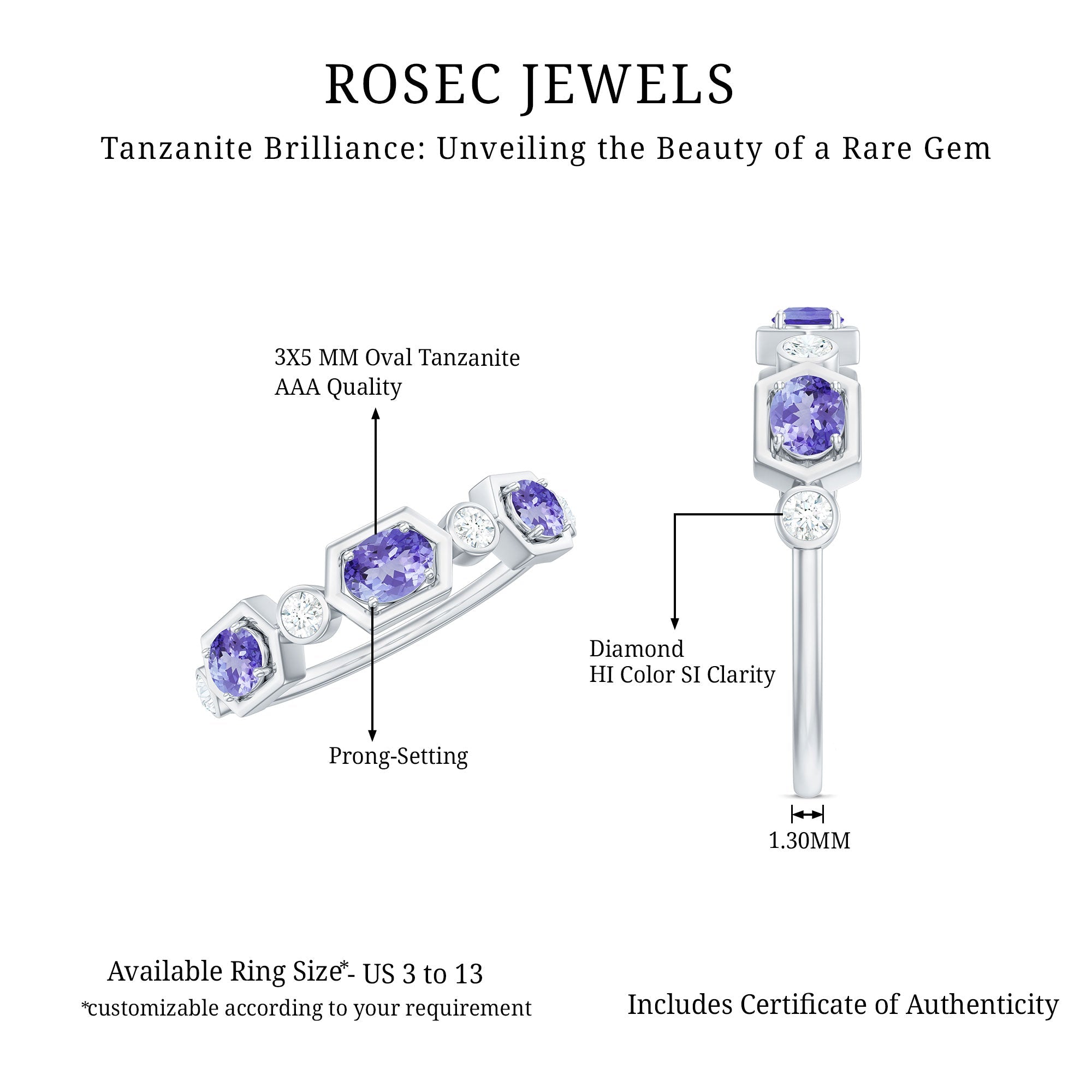 Real Tanzanite and Diamond Half Eternity Ring