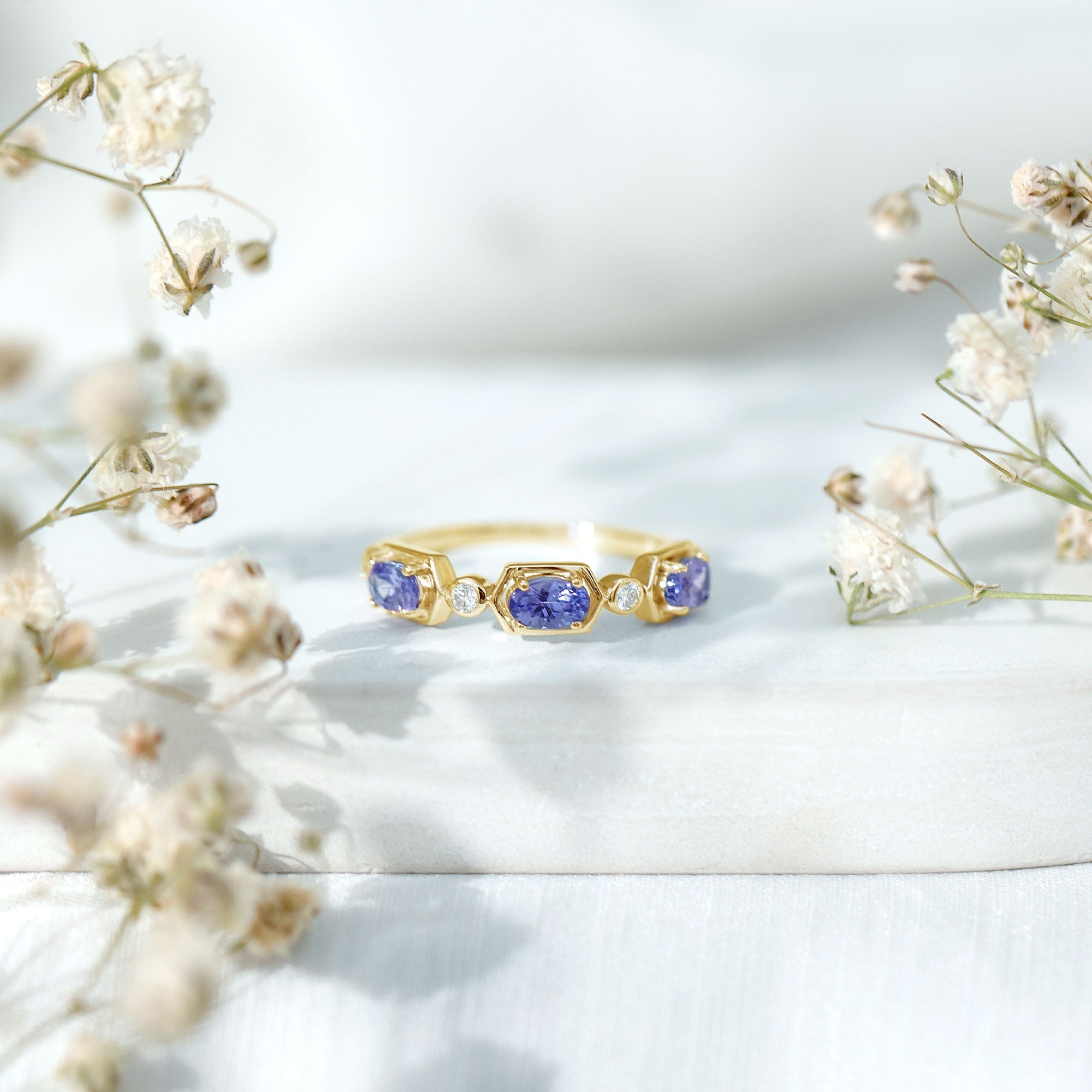 Real Tanzanite and Diamond Half Eternity Ring