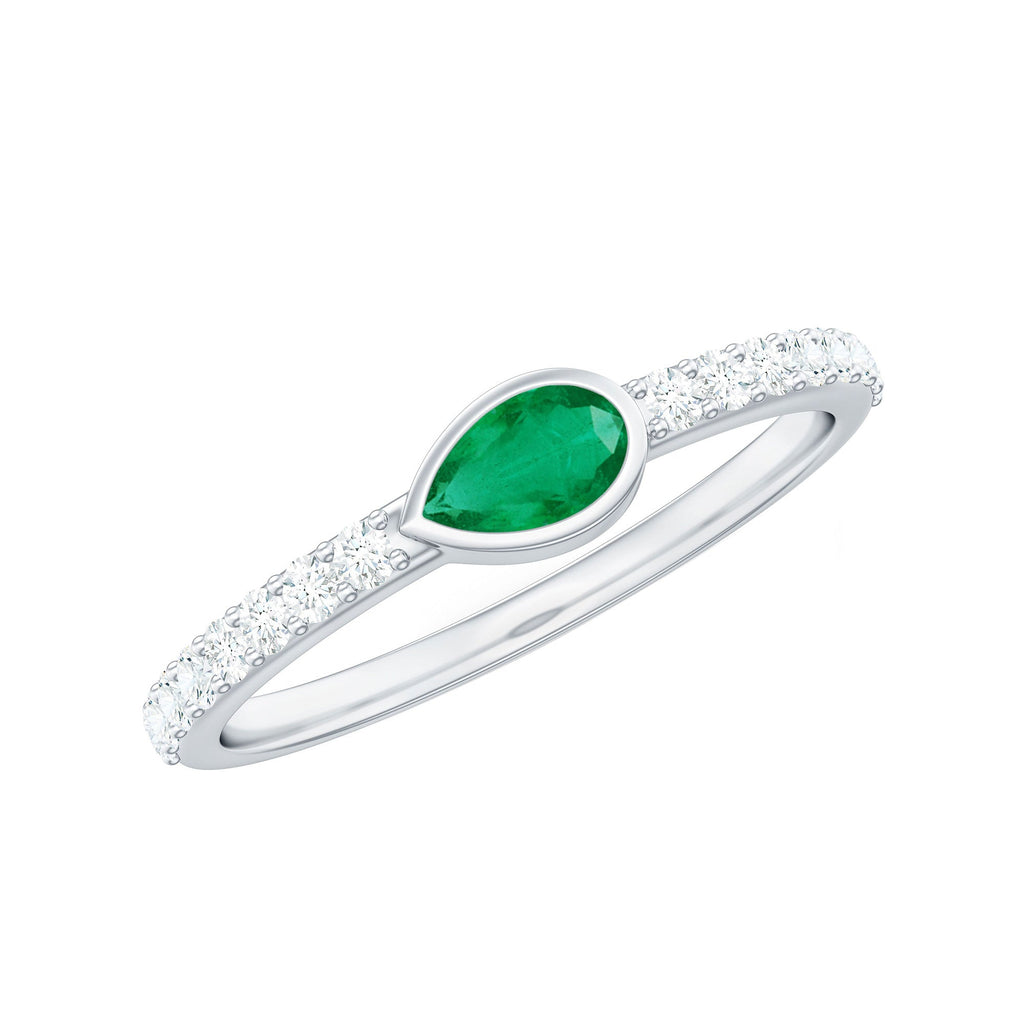 Natural Pear Shape Emerald Diamond Promise Ring in Bezel Setting