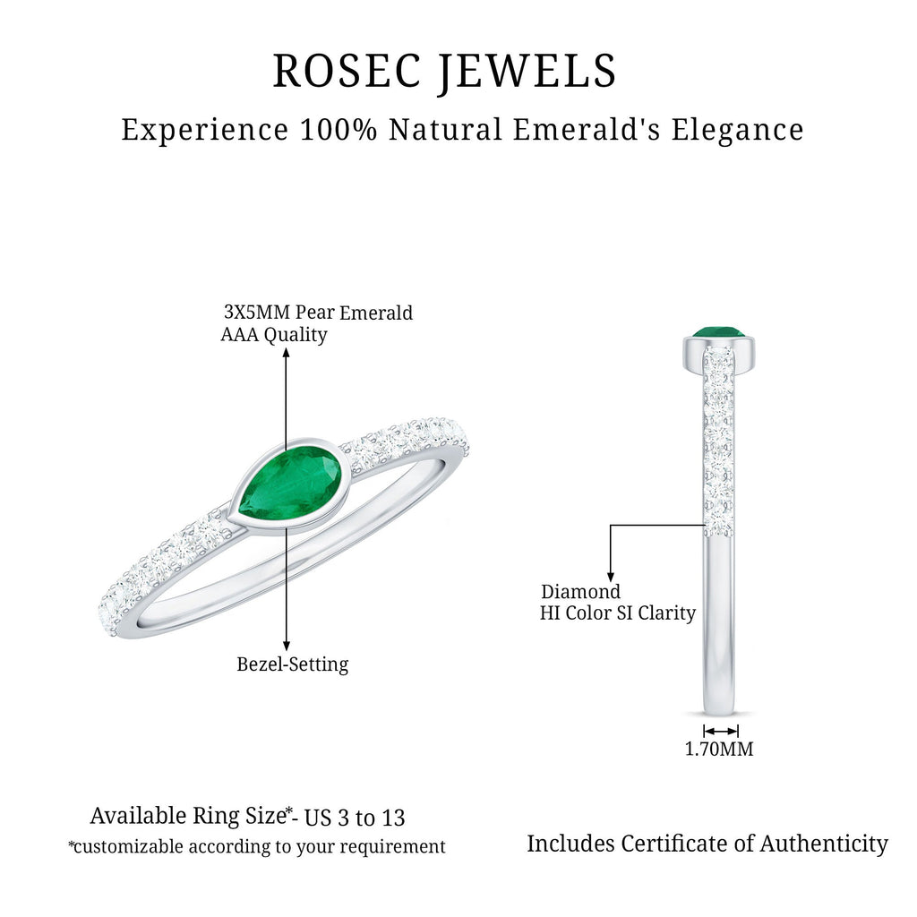 Natural Pear Shape Emerald Diamond Promise Ring in Bezel Setting