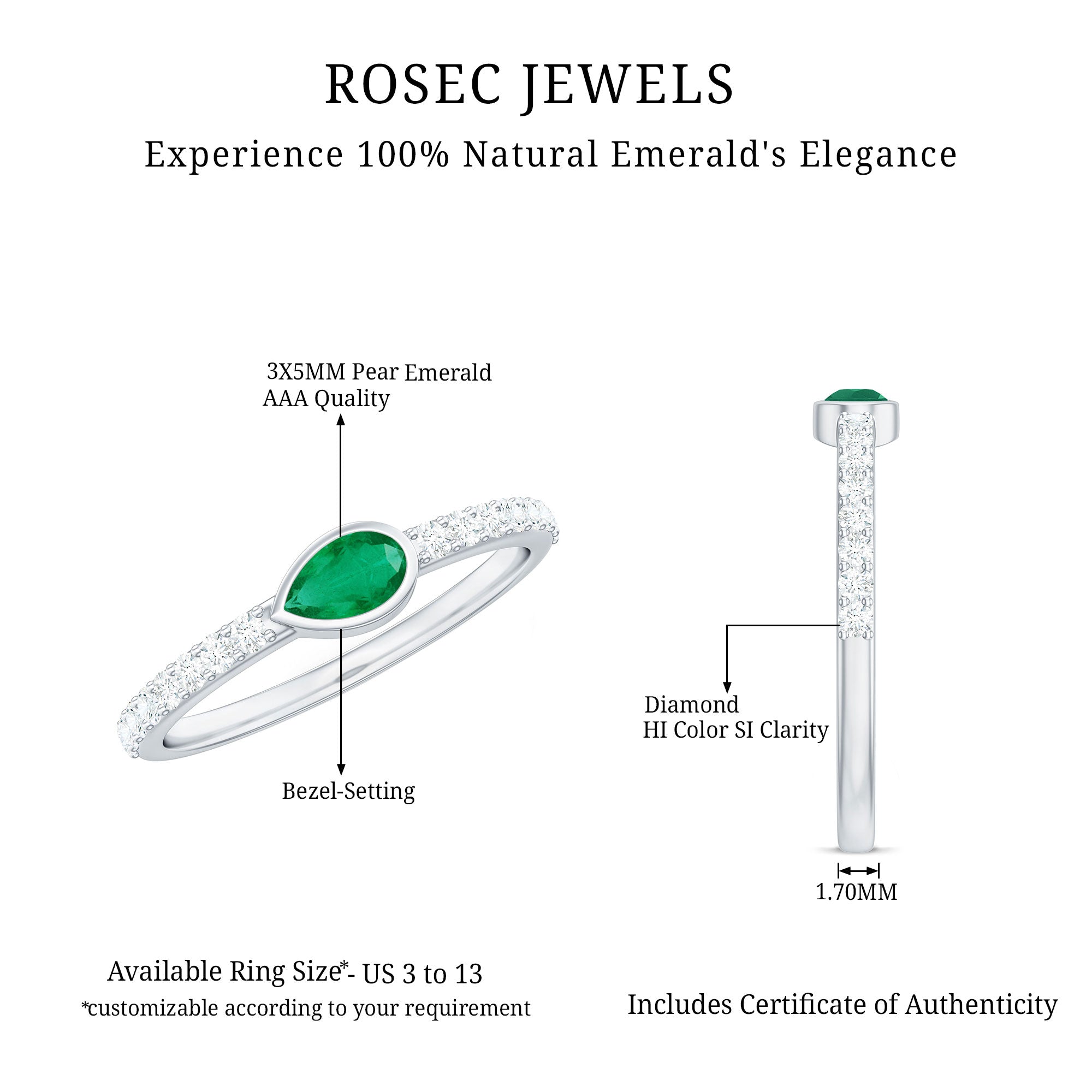 Natural Pear Shape Emerald Diamond Promise Ring in Bezel Setting