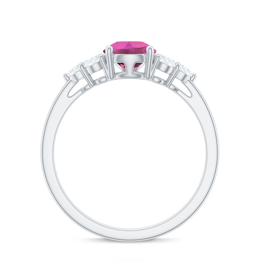 Pear Shaped Pink Tourmaline Solitaire Engagement Ring with Diamond Trio