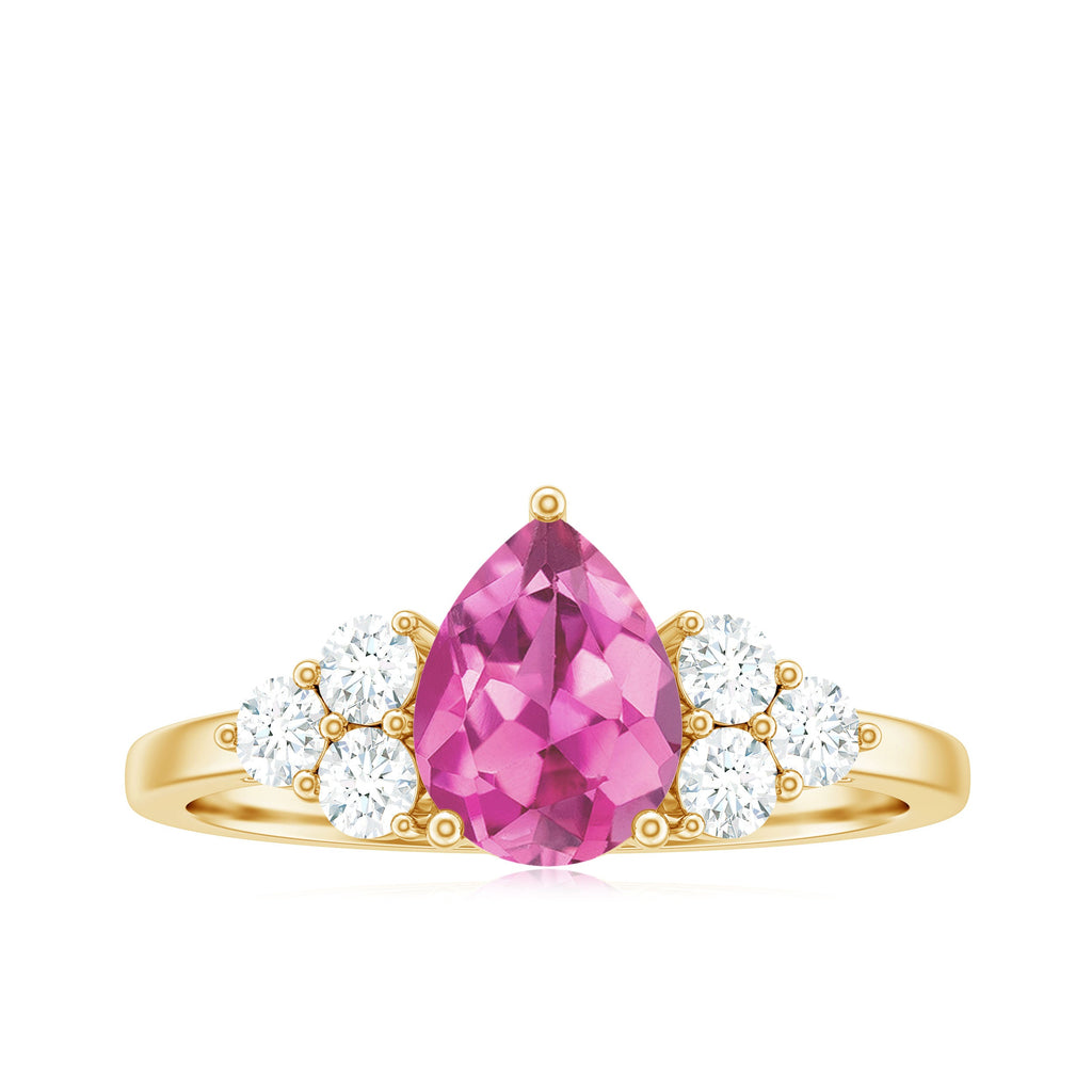 Pear Shaped Pink Tourmaline Solitaire Engagement Ring with Diamond Trio