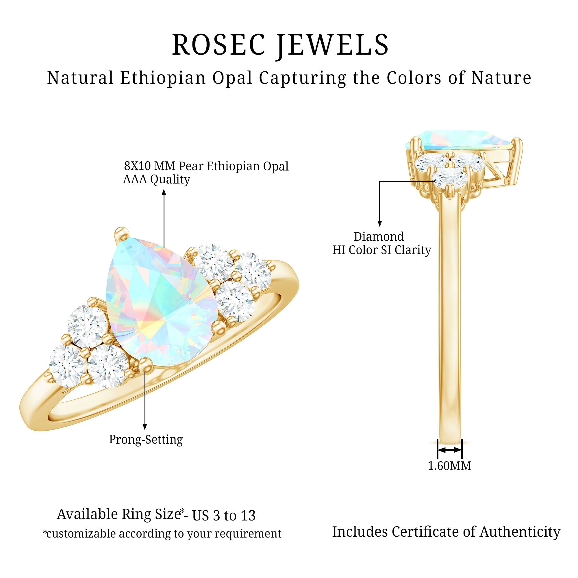 Natural 2 Carat Ethiopian Opal Pear Shaped Engagement Ring with Diamond Trio