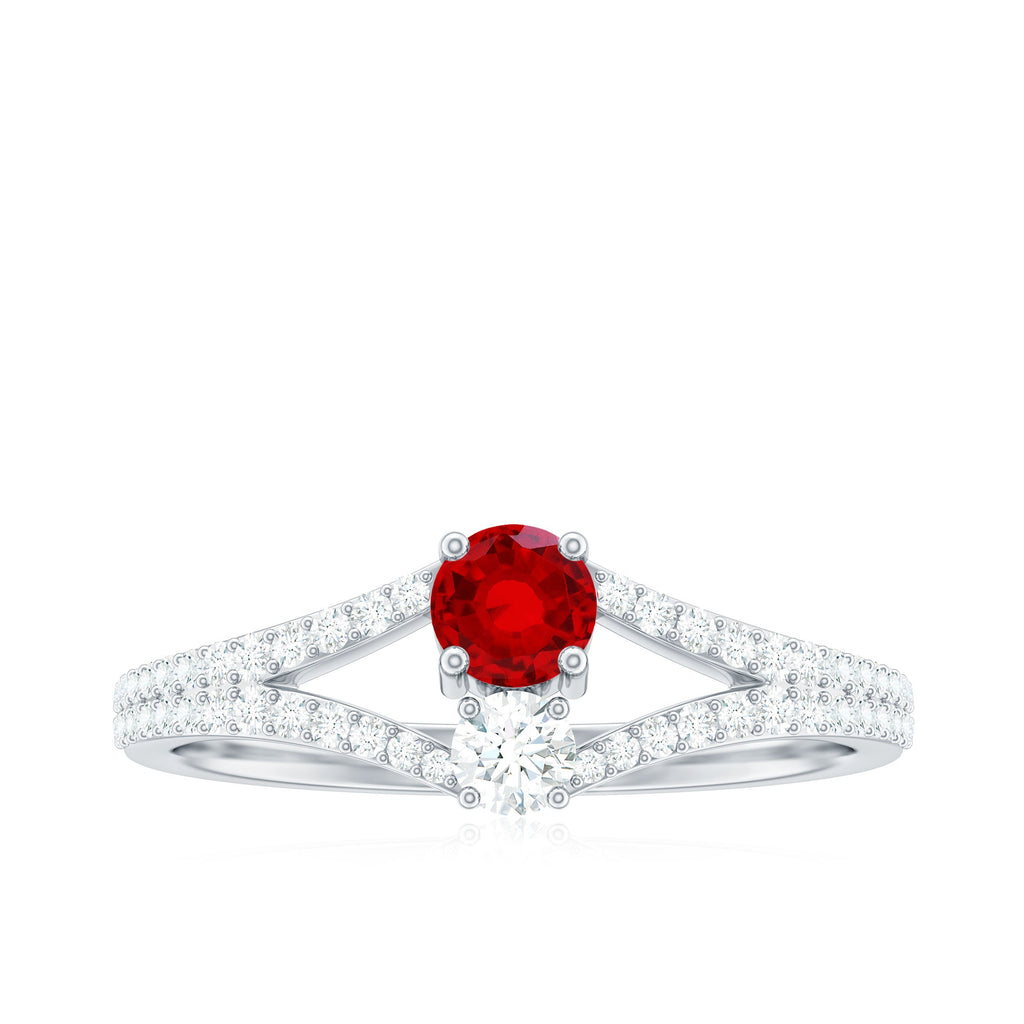Certified Lab Grown Ruby Diamond 2 Stone Promise Ring with Split Shank