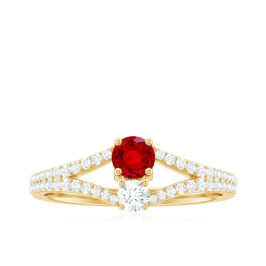 Certified Lab Grown Ruby Diamond 2 Stone Promise Ring with Split Shank