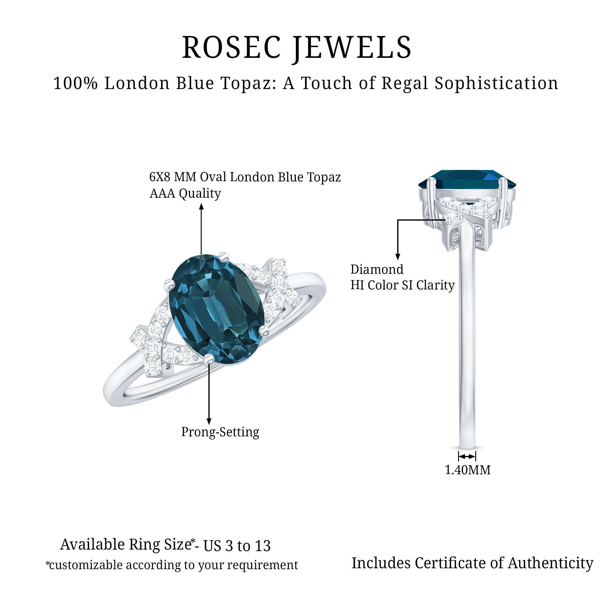 1 Carat Oval Cut London Blue Topaz Solitaire Engagement Ring with Split Shank