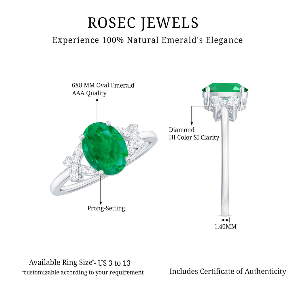 Real Solitaire Emerald Oval Engagement Ring with Diamond Split Shank