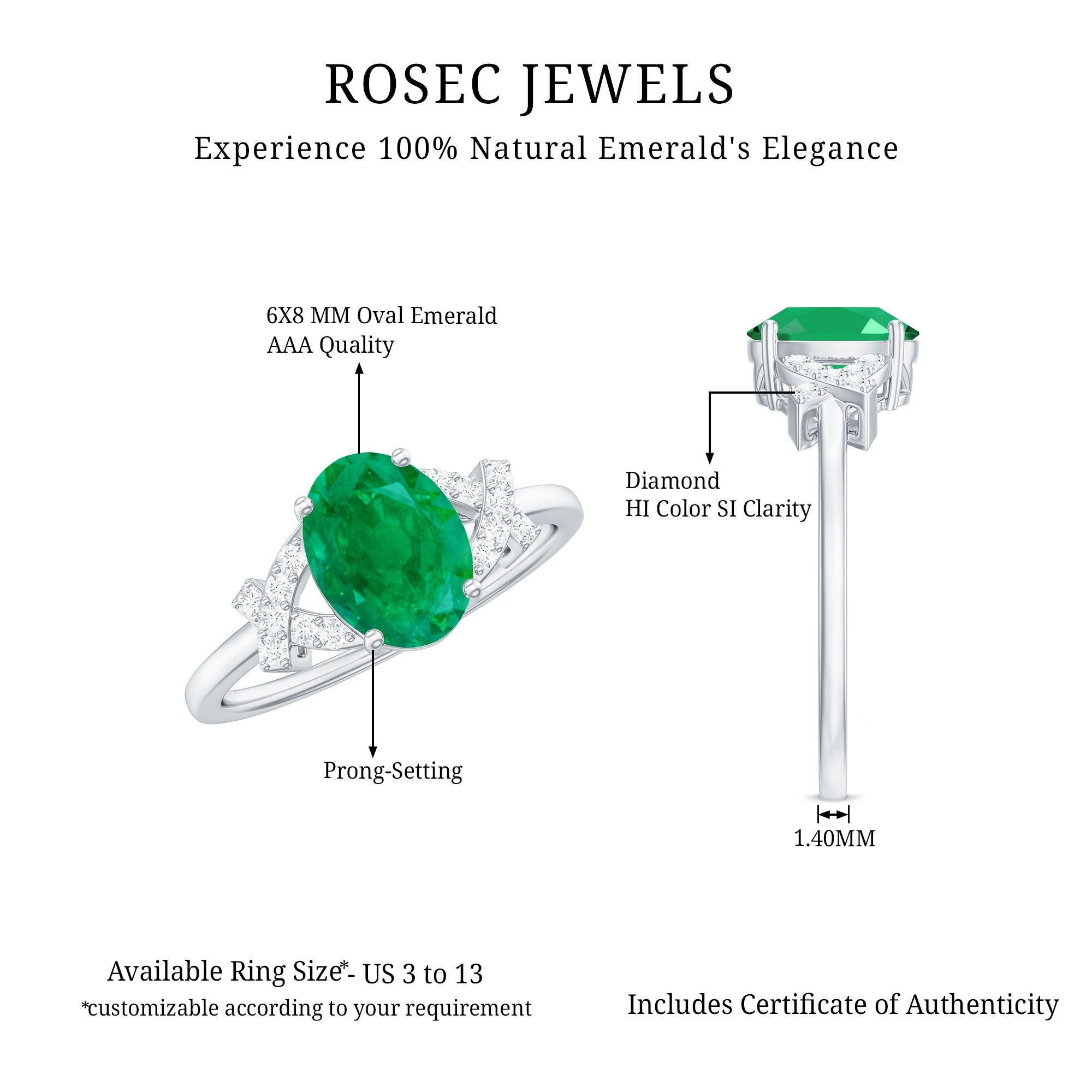 Real Solitaire Emerald Oval Engagement Ring with Diamond Split Shank