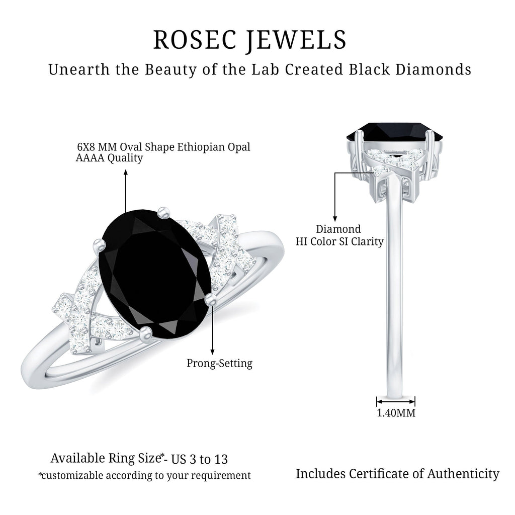 1.9 Carat Lab Grown Black Diamond Oval Engagement Ring with White Diamond Split Shank