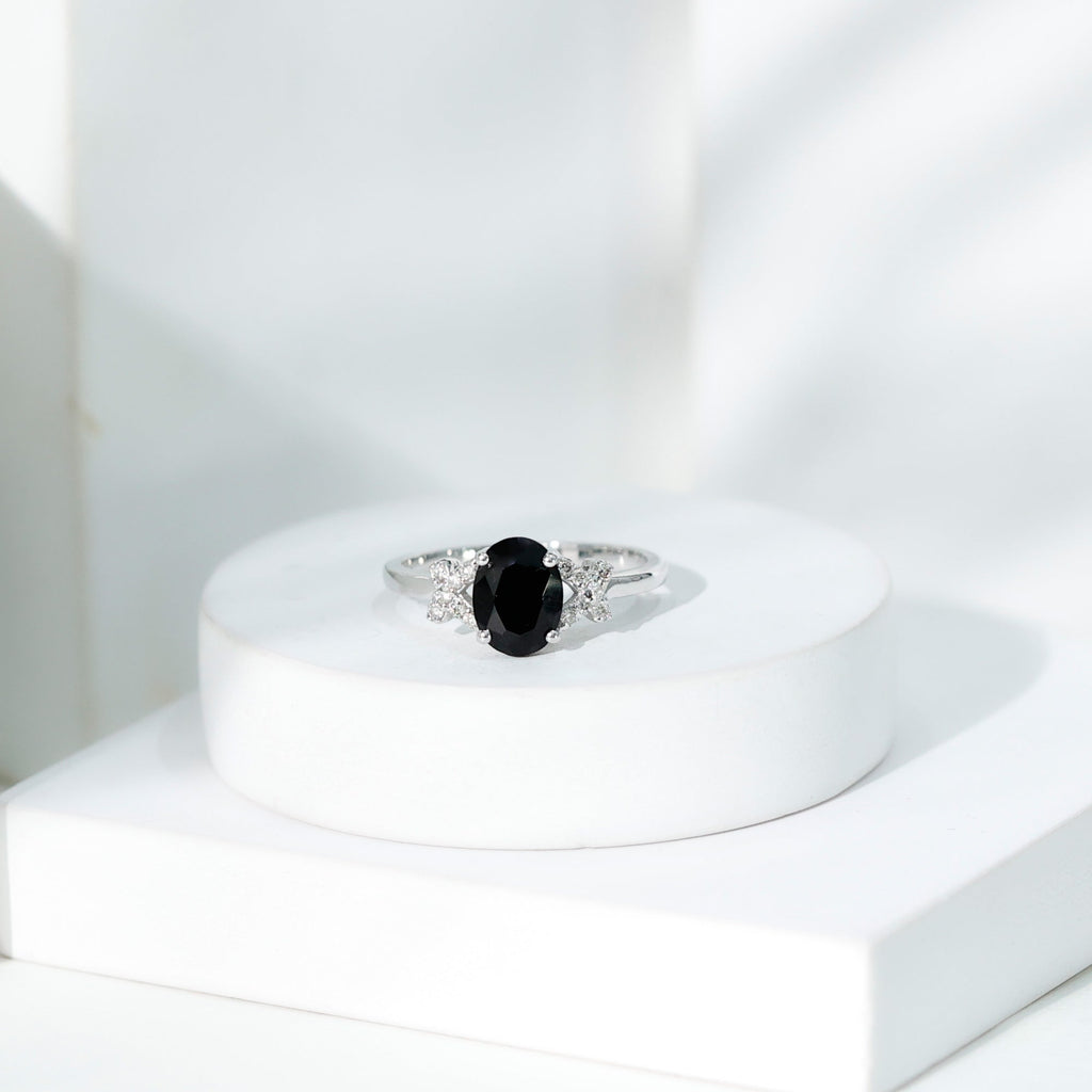 1.9 Carat Lab Grown Black Diamond Oval Engagement Ring with White Diamond Split Shank
