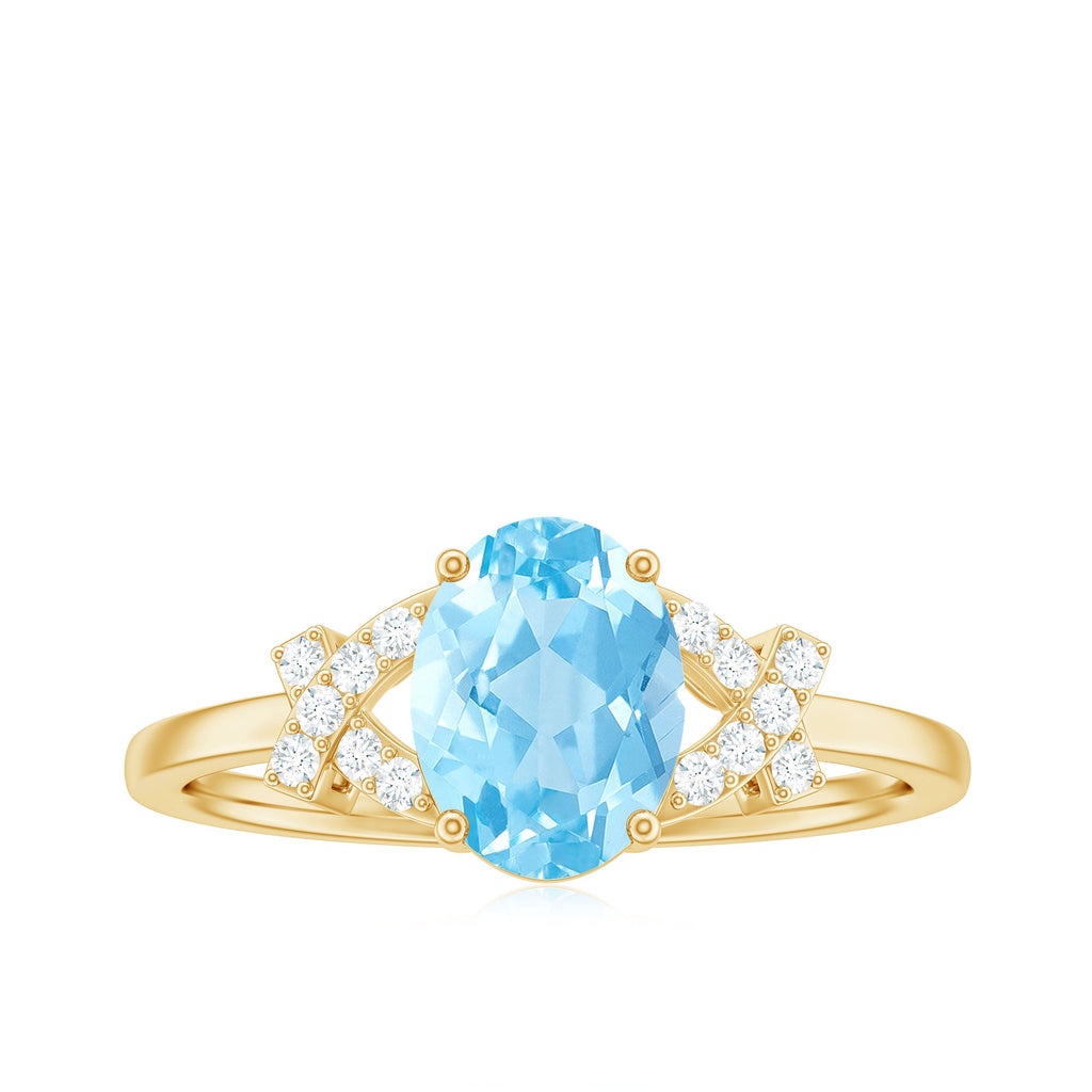 Oval Shape 1 Carat Aquamarine Solitaire Engagement Ring with Diamond Split Shank