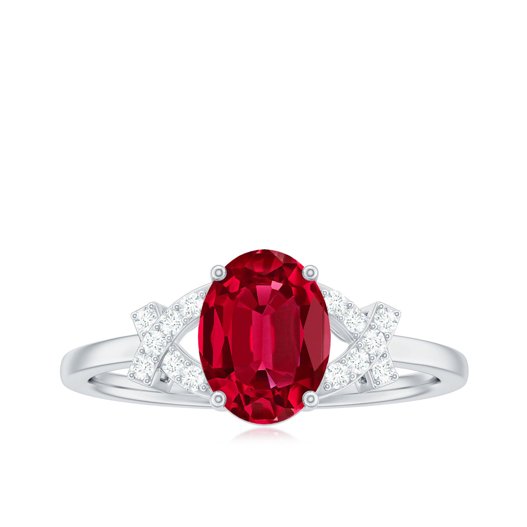 Certified 1.5 Carat Lab Grown Ruby Oval Engagement Ring with Diamond Split Shank