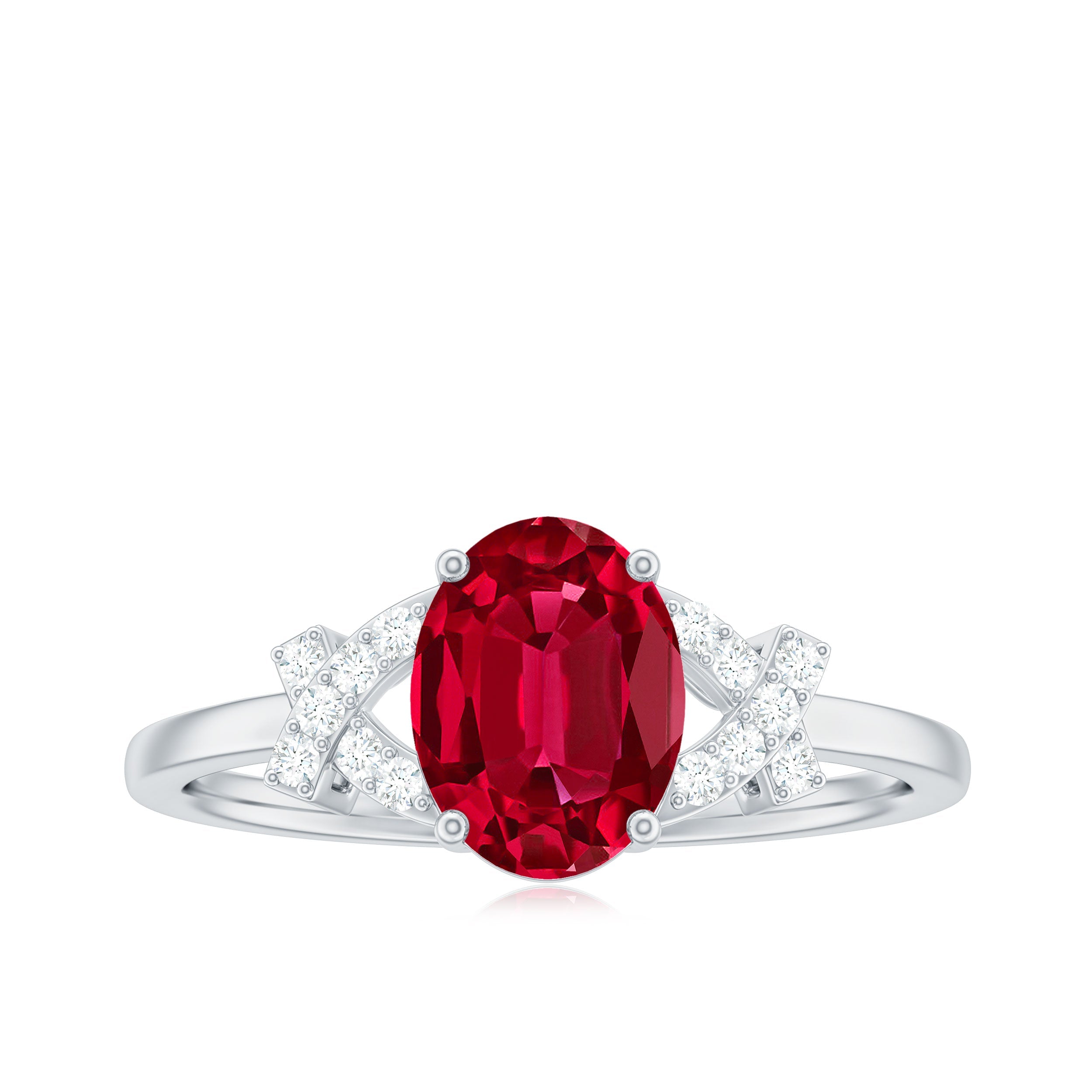 Certified 1.5 Carat Lab Grown Ruby Oval Engagement Ring with Diamond Split Shank