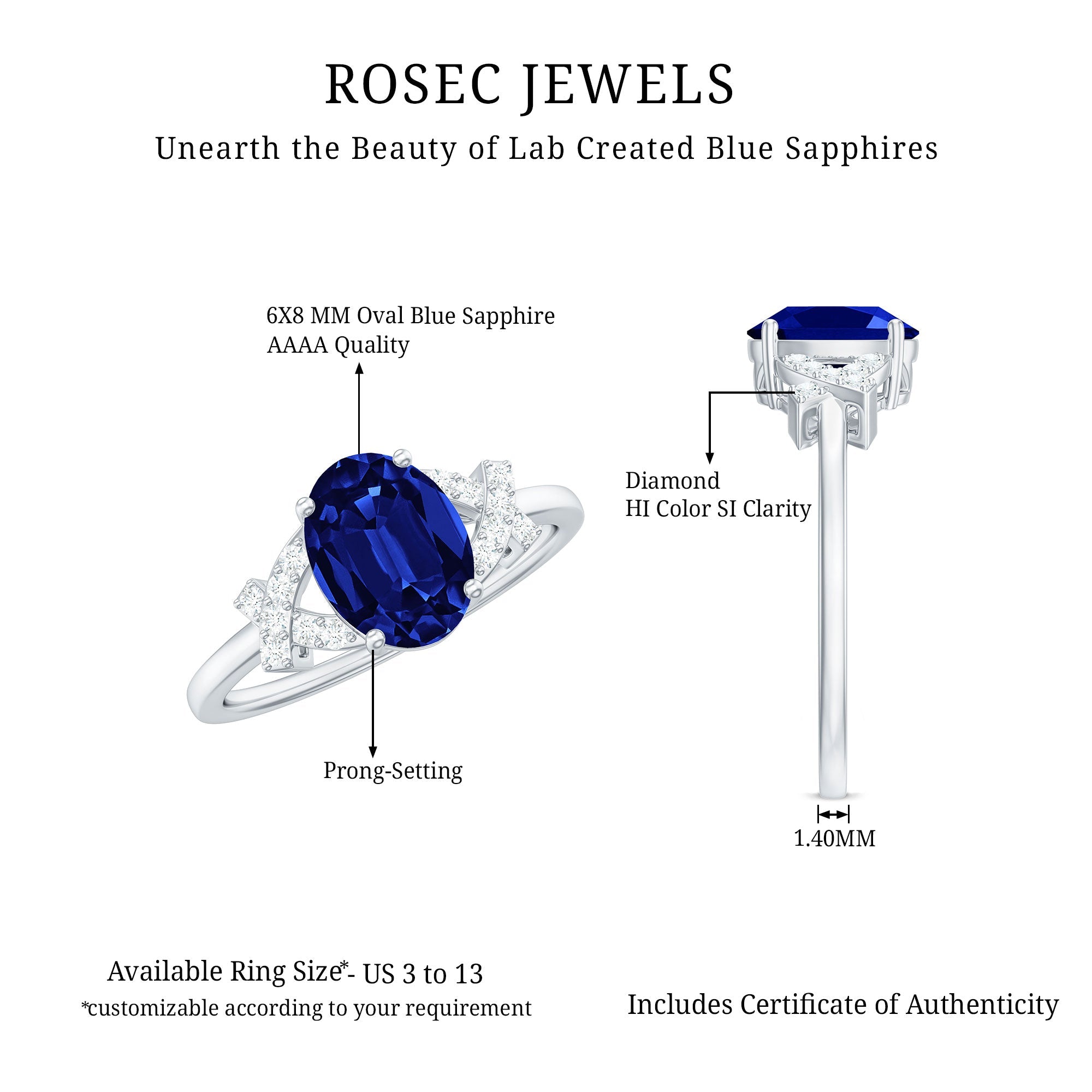 Split Shank Oval Created Blue Sapphire and Diamond Solitaire Engagement Ring
