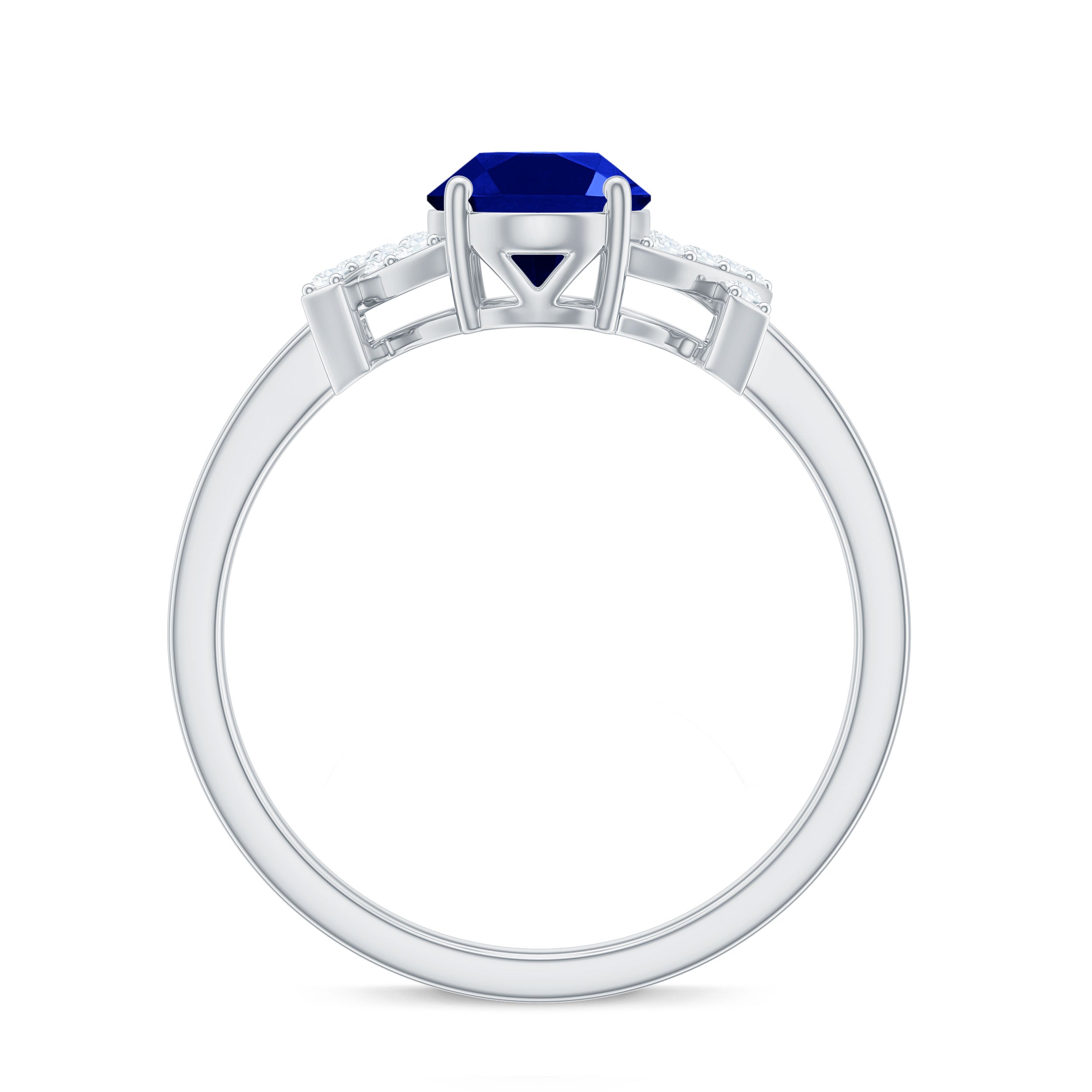 Split Shank Oval Created Blue Sapphire and Diamond Solitaire Engagement Ring