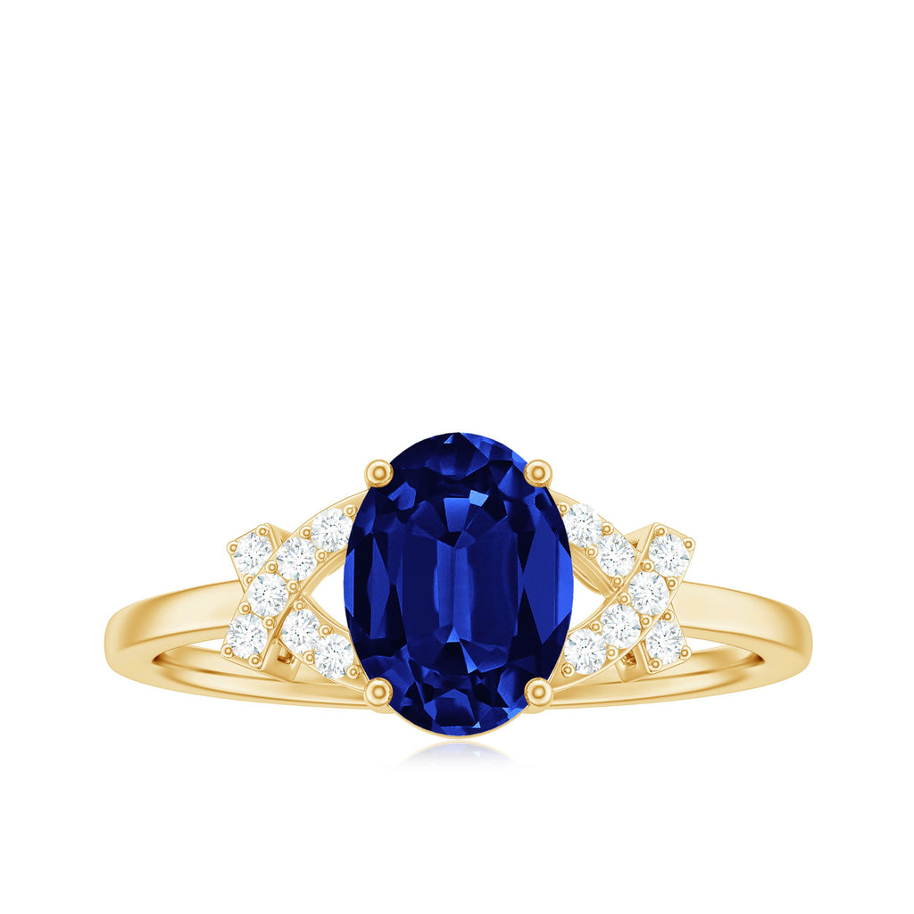 Split Shank Oval Created Blue Sapphire and Diamond Solitaire Engagement Ring