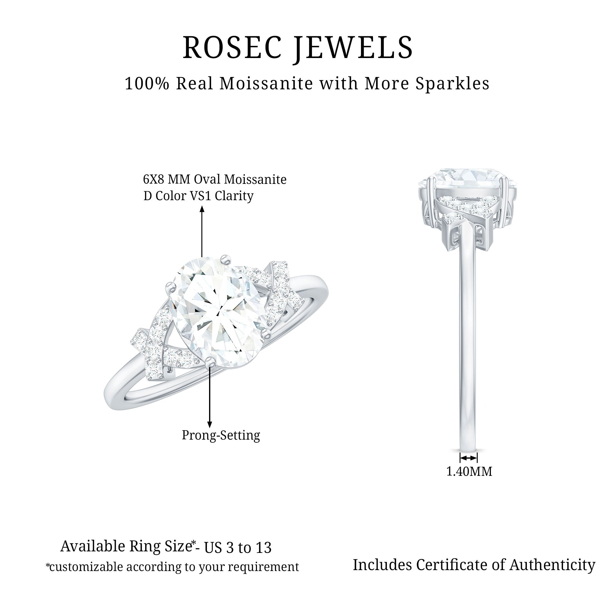 Certified Moissanite Oval Engagement Ring in Split Shank