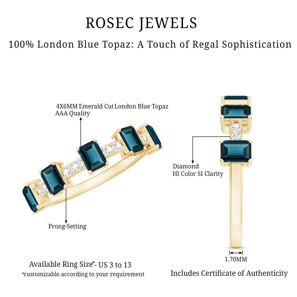 Emerald Cut London Blue Topaz Half Eternity Band with Diamond