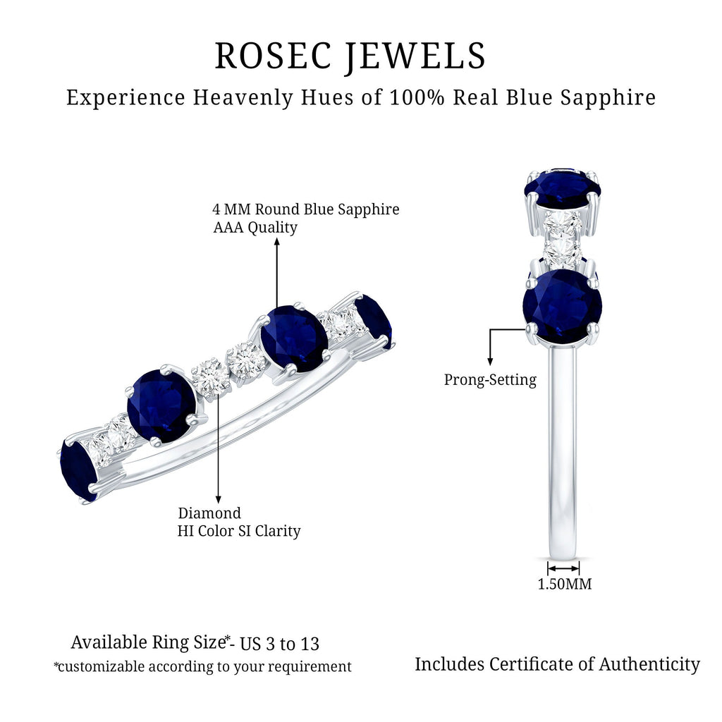 Genuine Blue Sapphire Half Eternity Ring with Diamond
