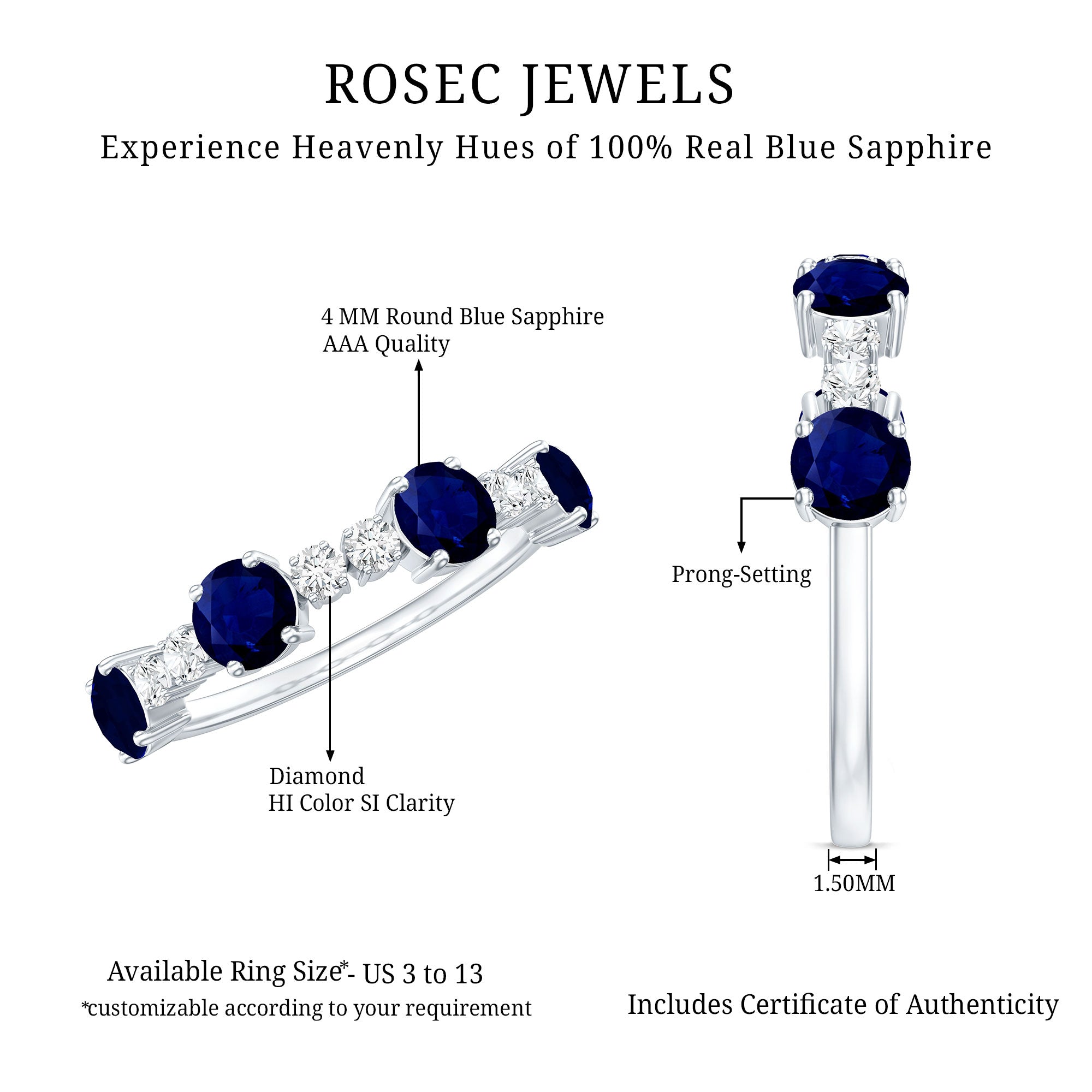 Genuine Blue Sapphire Half Eternity Ring with Diamond