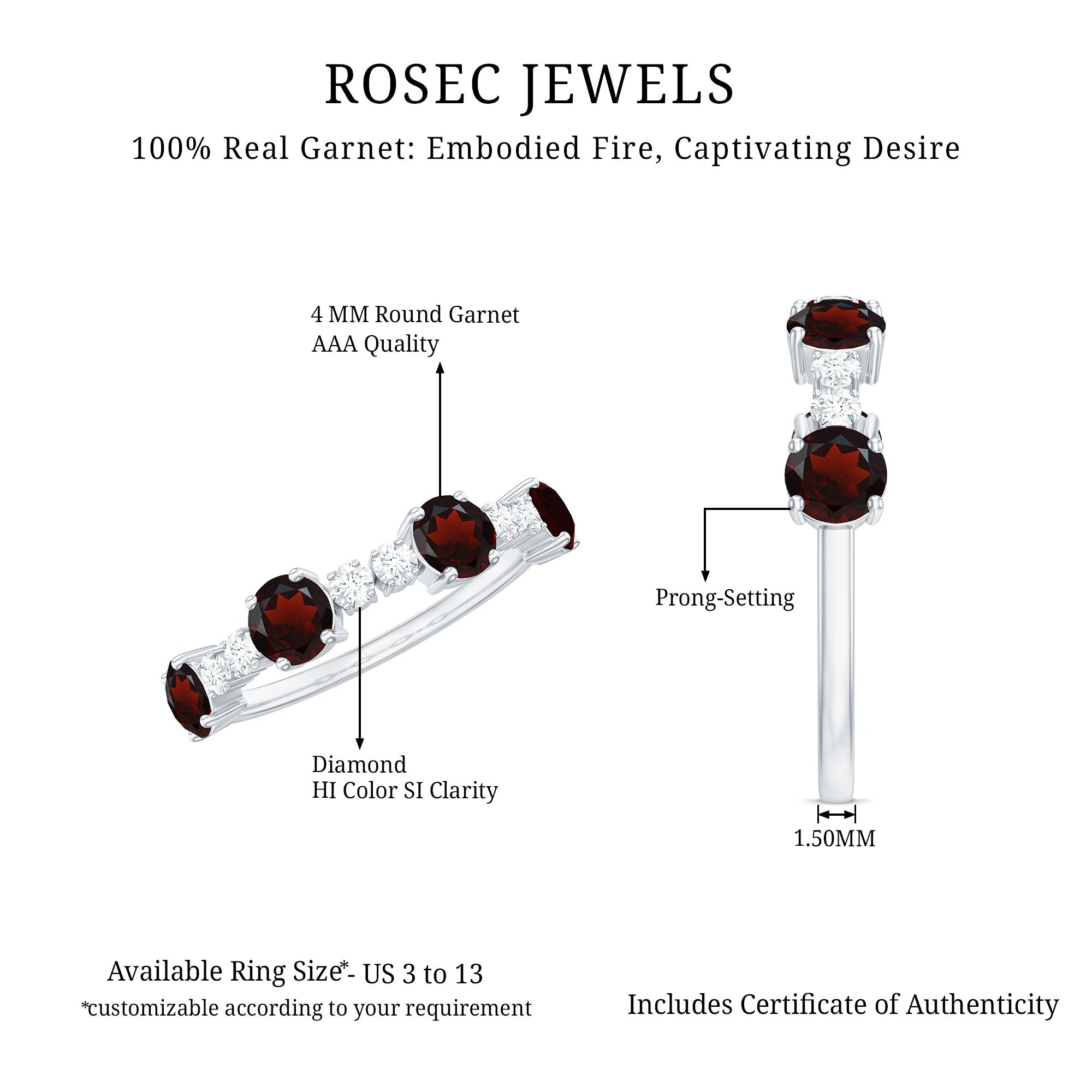 Genuine Garnet Half Eternity Ring with Diamond