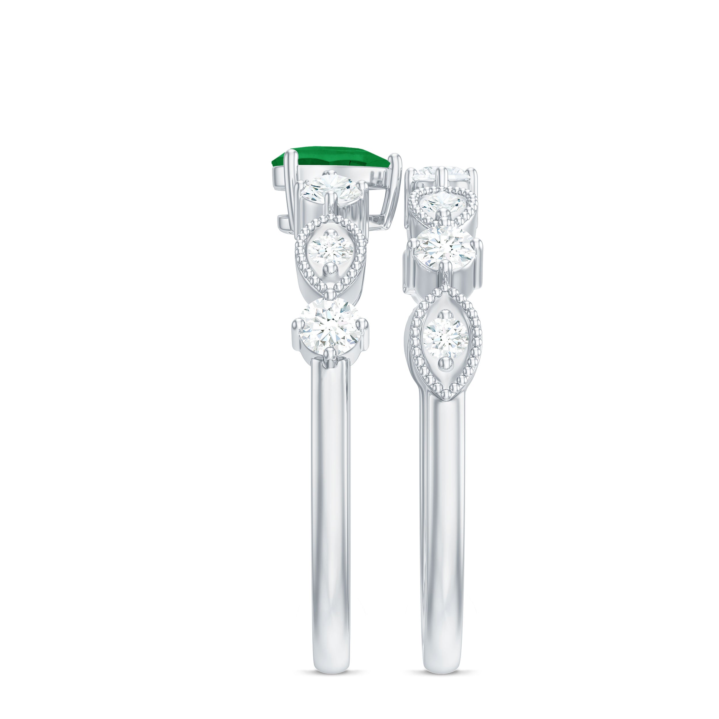 Natural Emerald Heart Shaped Engagement Ring and Diamond Wedding Band