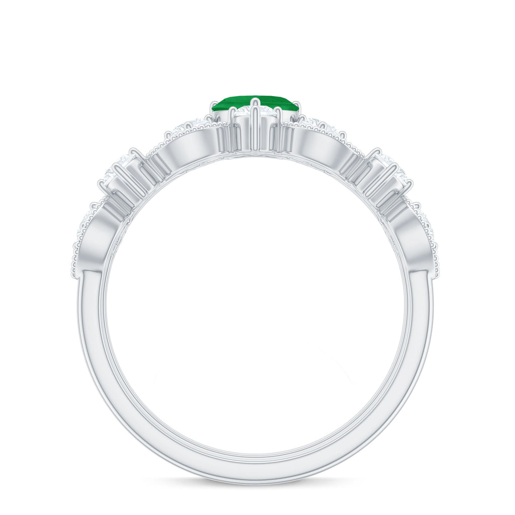 Natural Emerald Heart Shaped Engagement Ring and Diamond Wedding Band