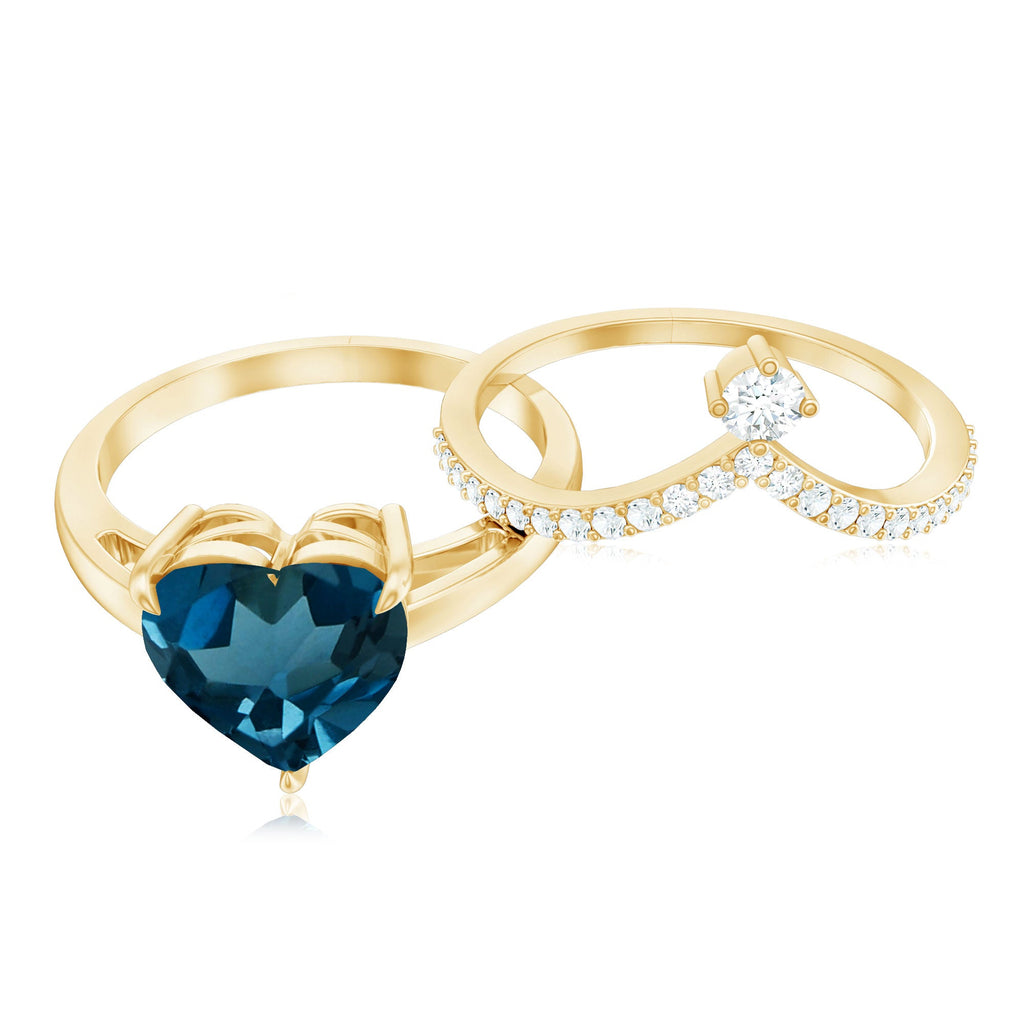 2 Carat Heart Shaped London Blue Topaz Solitaire Ring Set with Diamond Curved Band