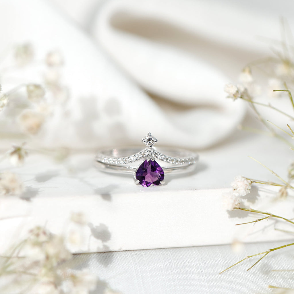 Certified Real Amethyst Heart Engagement Ring with Diamond Wedding Band