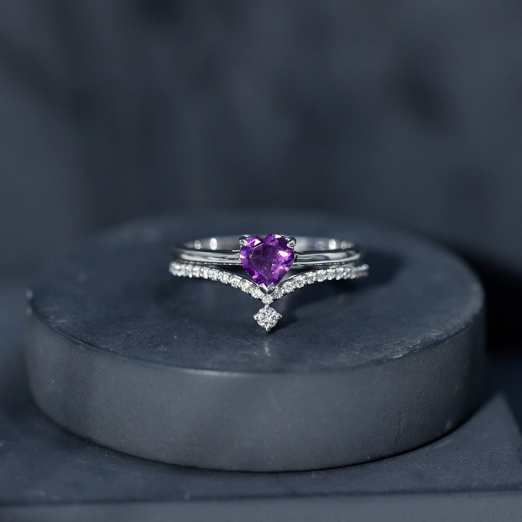 Certified Real Amethyst Heart Engagement Ring with Diamond Wedding Band