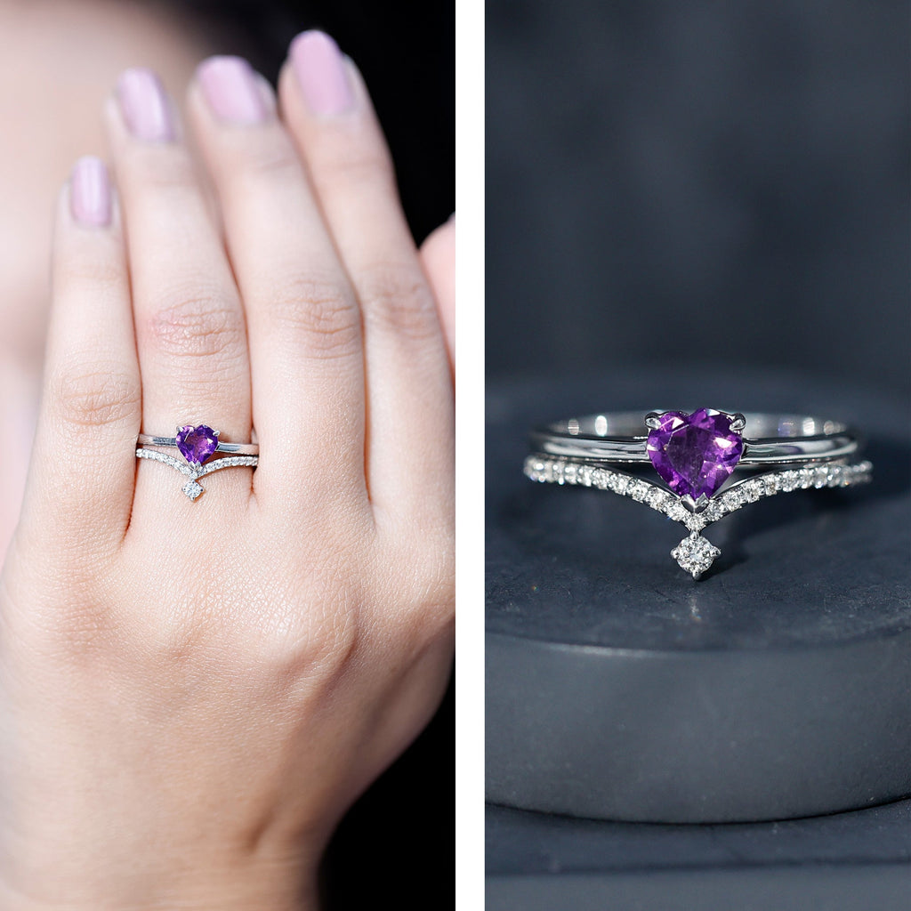 Certified Real Amethyst Heart Engagement Ring with Diamond Wedding Band
