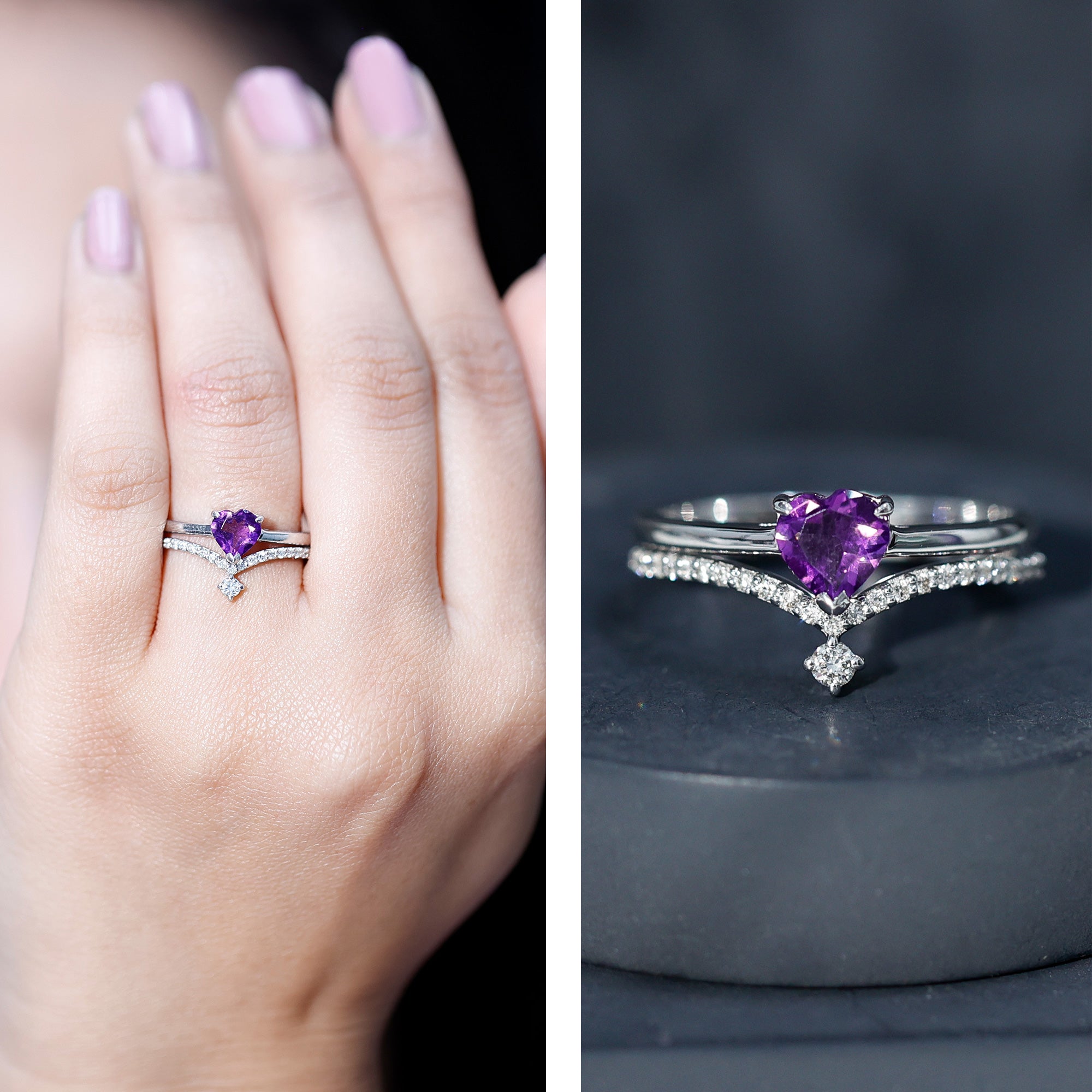 Certified Real Amethyst Heart Engagement Ring with Diamond Wedding Band