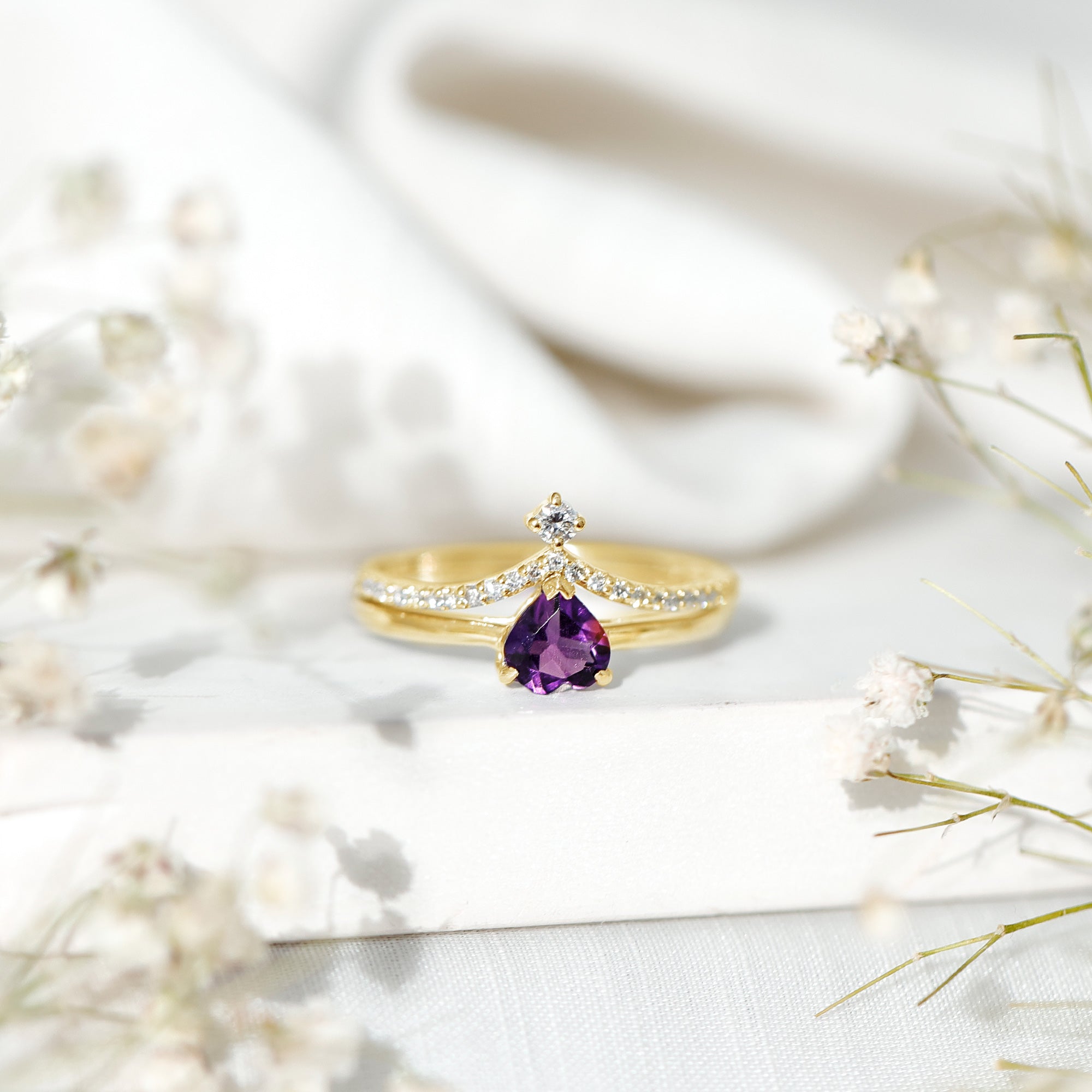 Certified Real Amethyst Heart Engagement Ring with Diamond Wedding Band